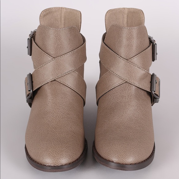 Beige Double Buckle CrissCross Cutout Ankle Boots - Picture 2 of 4